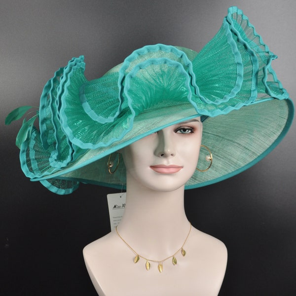 Church Kentucky Derby Hat Carriage Tea Party Wedding Wide Brim Woman's Royal Ascot Hat in Sinamay Hat  Crin Decoration Turquoise and Green