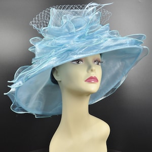 Medium Brim One Flower Blue  for Church, Wedding, Tea Party, Kentucky Derby Hat Medium Brim Organza Hat