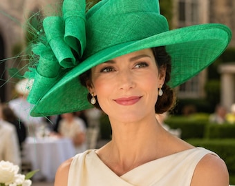 Kelly  Green Wide Brim Kentucky Derby Hat, Ascot Hat for Wedding & Tea Party, Garden Party Hat, Mother of the Bride, Church