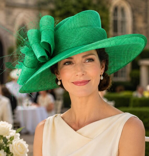 Kelly Green Wide Brim Kentucky Derby Hat, Ascot Hat for  display picture 2