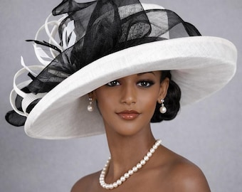 Wide Brim Sinamay  Hat for Kentucky Derby, Ascot Racing Hat, Elegant Wedding Guest Hat, Mother of the Bride Hat  White w Black