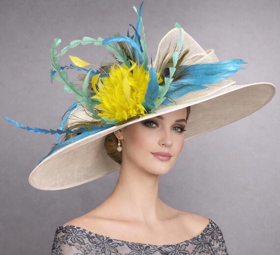 Ivory, Teal, Yellow Feather Wide Brim Sinamay Derby Hat  display picture 1