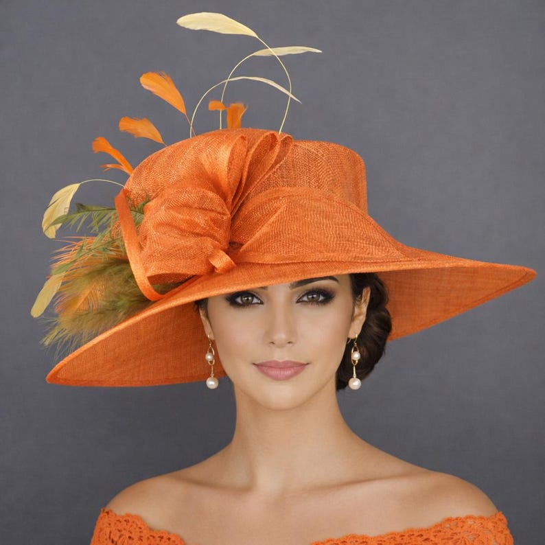 Copper Orange Olive Green Yellow Wide Brim Sinamay Hat Kentucky Derby ...