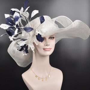 White w Navy Blue Feather Flower Kentucky Derby Hat, Church Hat, Wedding Hat, Easter Hat, Tea Party Hat Wide Brim Sinamay Hat image 1