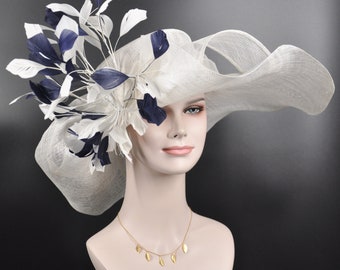 White w Navy Blue  Feather Flower Kentucky Derby Hat, Church Hat, Wedding Hat, Easter Hat, Tea Party Hat Wide Brim  Sinamay  Hat