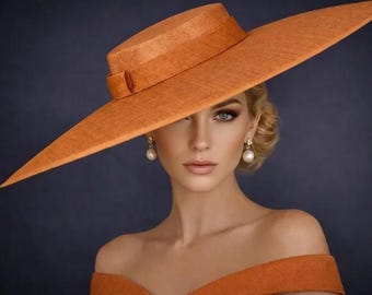 Chapeau bibi à bord large pour Derby du Kentucky, lavallière pour mariage et goûter, chapeau de garden-party, mère de la mariée, orange église