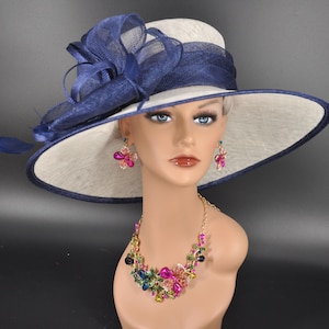 White W Navy Blue Wide Brim Sinamay Hat, Kentucky Derby Hat, Church hat, Tea Party Hat, Custom hat, Formal Hat, Fashion Hat