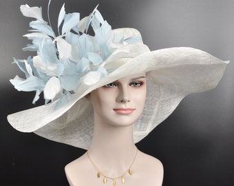 White w Powder Blue Feather Flower Kentucky Derby Hat, Church Hat, Wedding Hat, Easter Hat,  Wide Brim  Sinamay  Hat