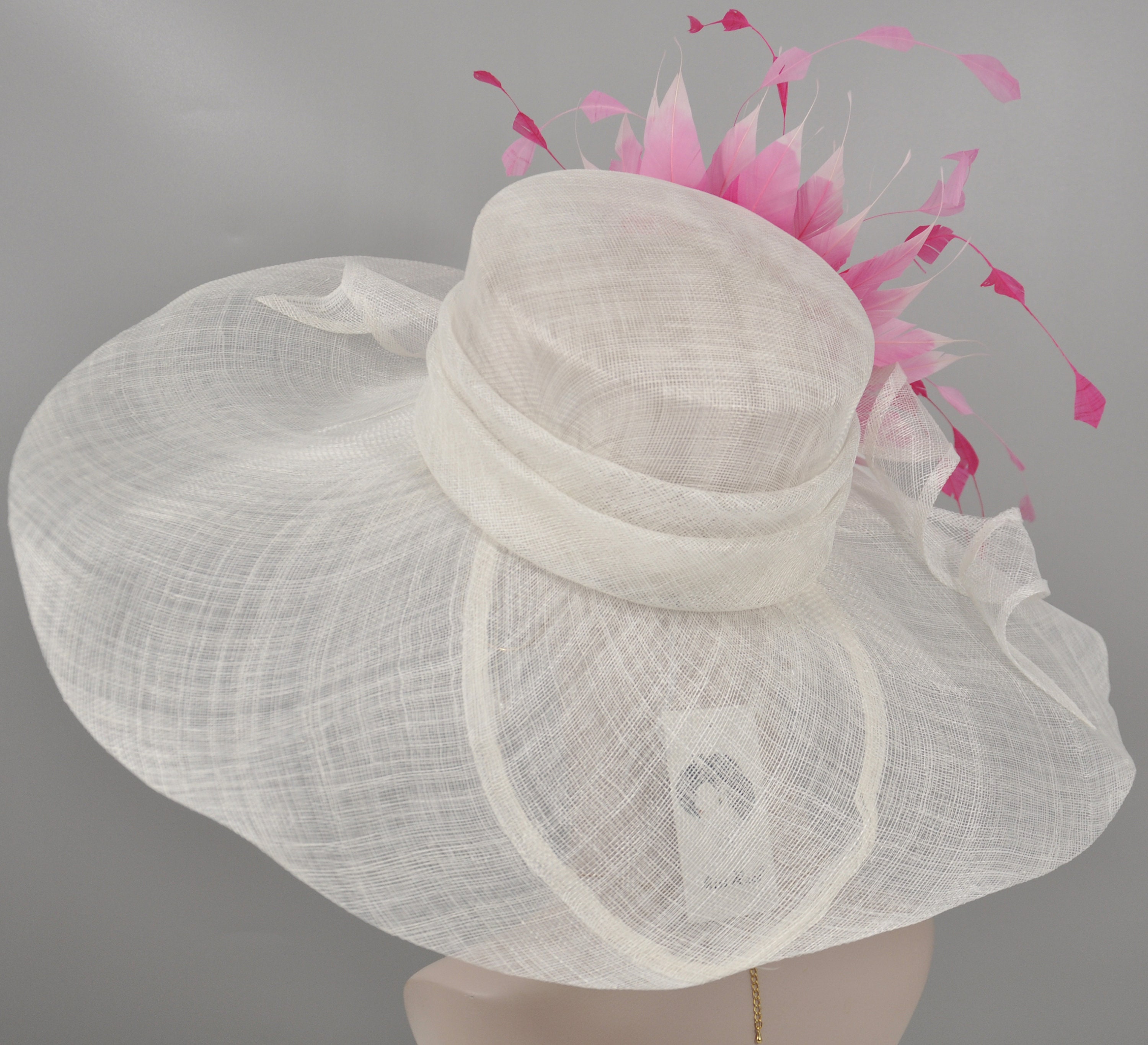 The Hat Girls Wide-Brim White Hat with Hot Pink Feather Trim Kentucky Derby Oaks White w Hot Pink Church Kentucky Derby Party Wedding Tea  main image 2