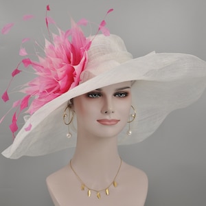 White w Hot Pink Fuchsia Pink Feather Flower Wide Brim Sinamay Hat Kentucky Derby Hat, Church  Wedding Hat, Easter Hat