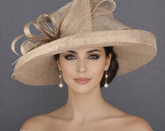 Taupe Wide Brim Sinamay Hat for Kentucky Derby, Ascot Racing Hat, Elegant Wedding Guest Hat, Mother of the Bride Hat