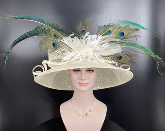 Church Kentucky Derby Hat Carriage Tea Party Wedding Wide Brim Women's Sinamay Hat W Peacock Feather Flower and Sinamay Bows Off White/Ivory