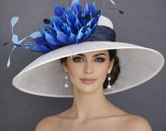 White Wide Blue Feather Flower Wide Brim Kentucky Derby Hat  display picture 1