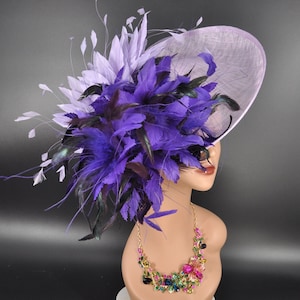 Lilac/Lavender Purple Sinamay Fascinator Hat Kentucky Derby Hat Tea Wedding Party Hat with Jumbo  Feather Flowers
