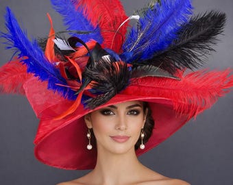 Kentucky Derby Hat Fascinator Elegant Red Floral Feather Ascot Oaks Headwear Kentucky Derby Fascinator Red Rose Peach Pink Hat Royal  main image 2