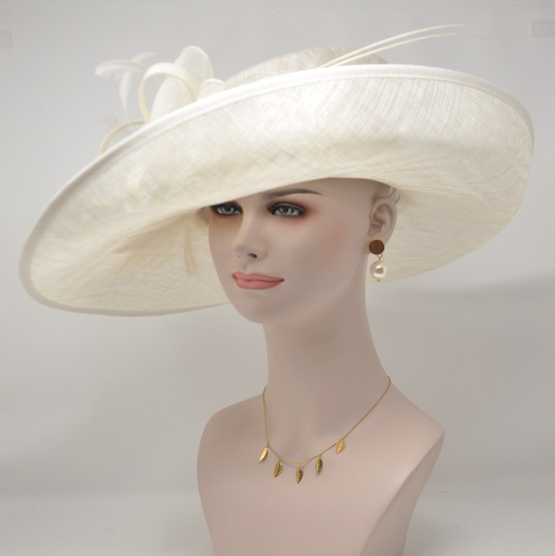 Church Kentucky Derby Hat Carriage Tea Party Wedding Wide Brim Royal Ascot Horse Race Oaks day hat Off White/Ivory image 6