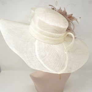 off White/ Ivory w Taupe White Feather Flower Kentucky Derby Hat, Church Hat, Wedding Hat, Easter Hat, Wide Brim Sinamay Hat image 4