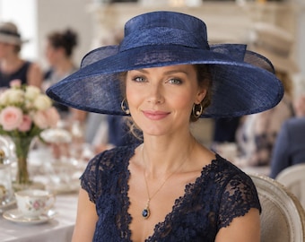 Navy Blue  Wide Brim Sinamay Hat with Convertible Bow, Kentucky Derby Ascot Royal Wedding Church Garden Party Mother of the Bride Hat