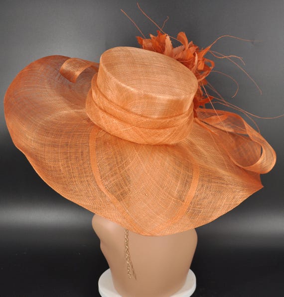 Orange Woven Hat with Feather Accent Large Burnt Orange Feather Fascinator Hat Big Teardrop  main image 2