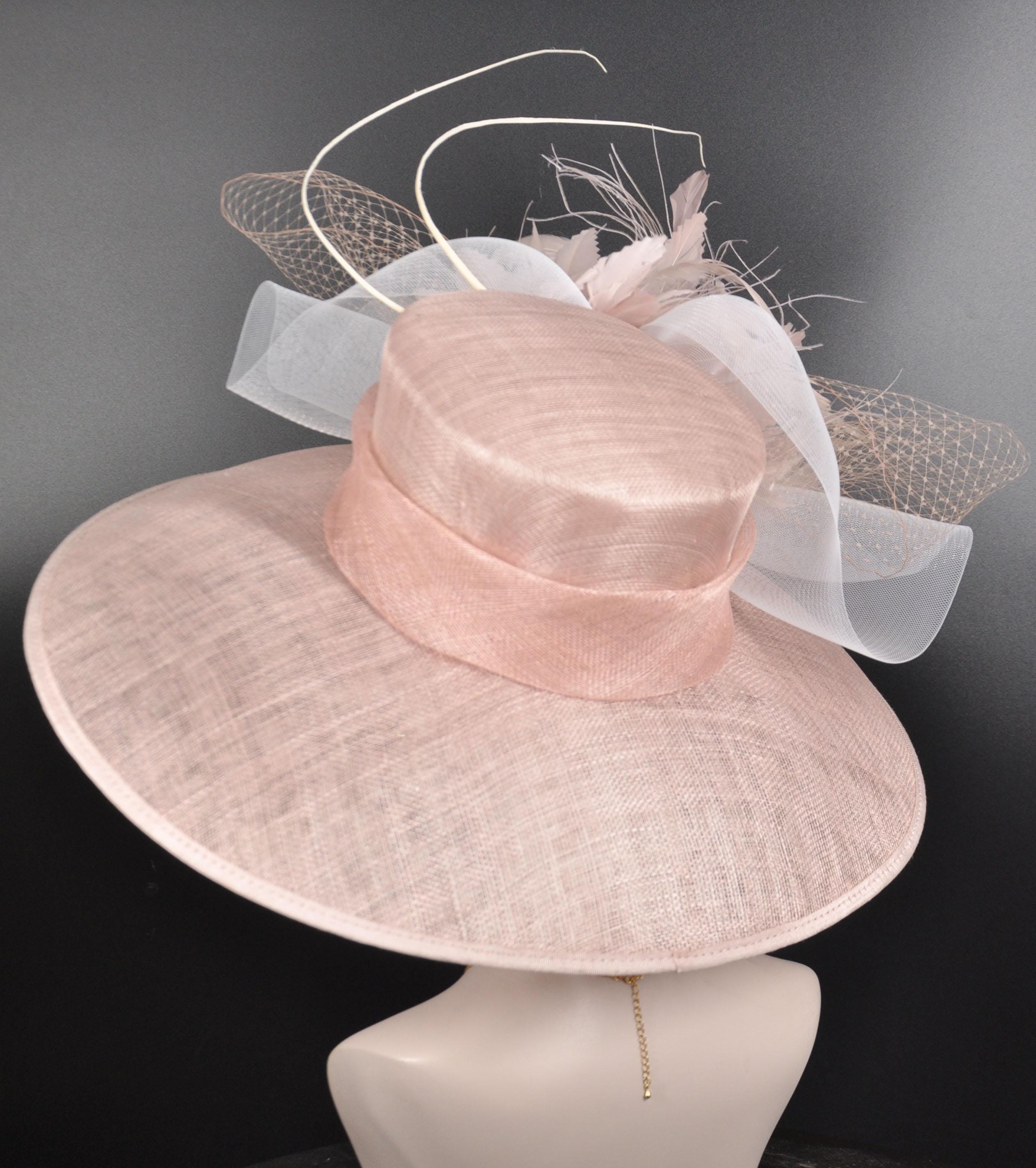 Blush Pink Feather Flower Bow Wide Brim Kentucky Derby Hat 
