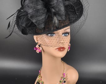 Black Sinamay Fascinator Hat: Derby Race Church Cocktail Headpiece