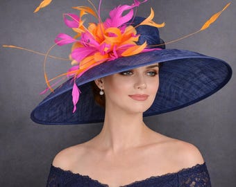 Navy Blue,Fuchsia Pink, Orange Feather Flower Wide Brim Sinamay hat, Kentucky derby Hat, Wedding Guest Hat, Tea Party Hat, Ascot Royal Style