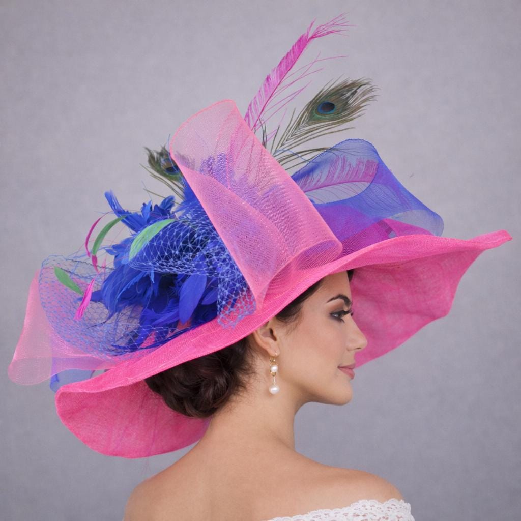 Hot Pink Royal Blue Bow Feather Wide Brim Kentucky Derby Hat  display picture 3