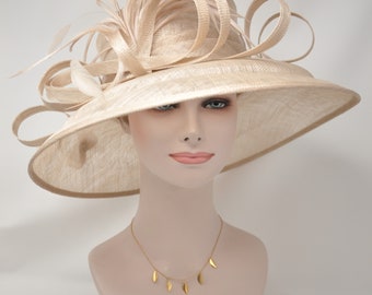 Church Kentucky Derby Hat Carriage Tea Party Wedding Wide Brim  Royal Ascot Horse Race Oaks day hatChampagne