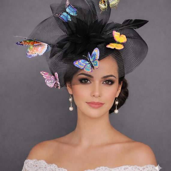 Multicolor Butterfly Garden Fascinator Headband Headpiece Statement KY Derby Hat Black Kentucky Derby Fascinator Headpiece ,rainbow Colored  main image 3