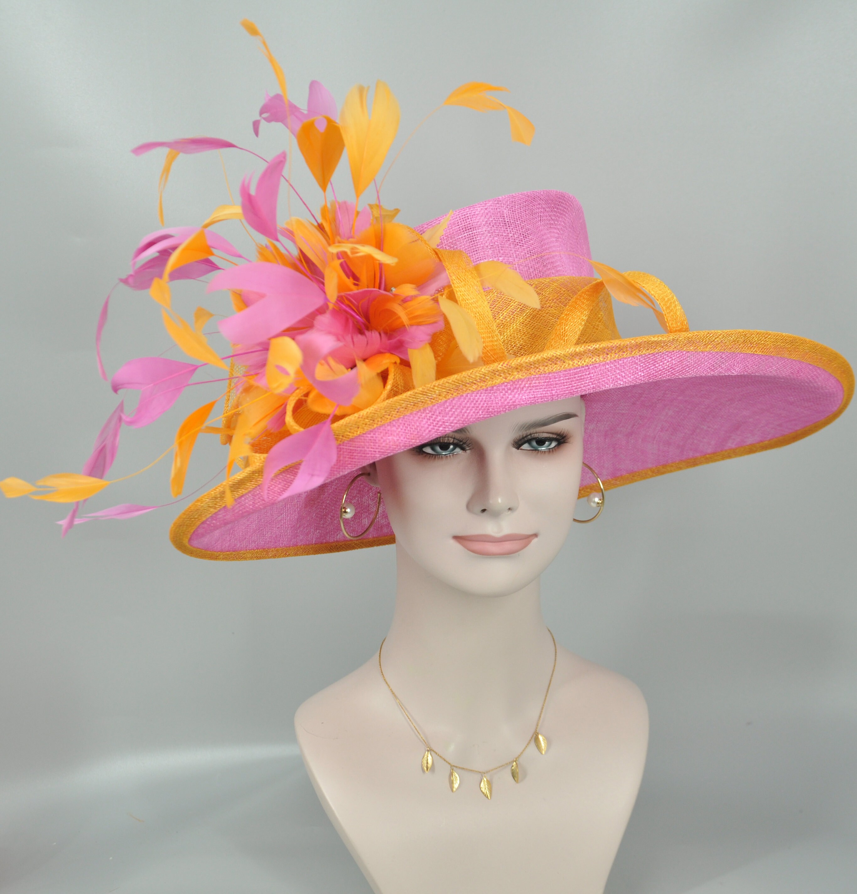 Kentucky Derby Hat Wide Brim KY Oaks Bow Floral Pink Orange Sinamay Lightweight Kentucky Derby Hat Wide Brim KY Oaks Bow Floral Pink Orange  main image 2