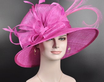 Hot Pink Wide Brim Sinamay Hat, Kentucky Derby Hat, Church hat, Tea Party Hat, Custom hat, Formal Hat, Fashion Hat