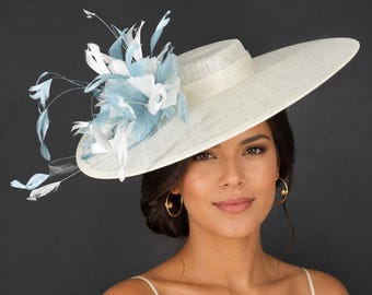 Off White/Ivory Powder Blue White Feather Flower  Fascinator Hat Ascot Royal Hat Wedding Kentucky Derby Hat Tea Garden Party