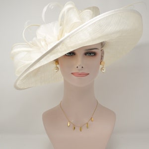 Church Kentucky Derby Hat Carriage Tea Party Wedding Wide Brim Royal Ascot Horse Race Oaks day hat Off White/Ivory image 2