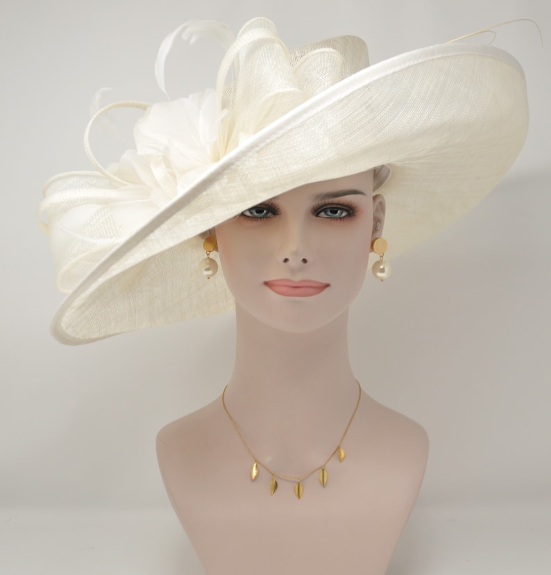 Church Kentucky Derby Hat Carriage Tea Party Wedding Wide Brim Royal Ascot Horse Race Oaks day hat Off White/Ivory image 2