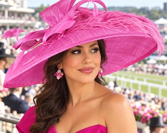 Fuchsia Hot Pink Wide Brim Sinamay Kentucky Derby Hat, Feather  Bow Ascot Hat, Statement Wedding Race Day Hat，Tea Party&Garden Party Hat