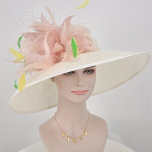 Church Kentucky Derby HatCarriage Tea Party Wedding Wide Brim  Royal  Hat  Sinamay Hat Off White /Ivory w Dusty Pink Feather  Flower