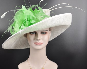 White Wide Brim Sinamay Hat w Apple Green Flower  Kentucky Derby Hat Tea Party Carriage Party  3 Layers