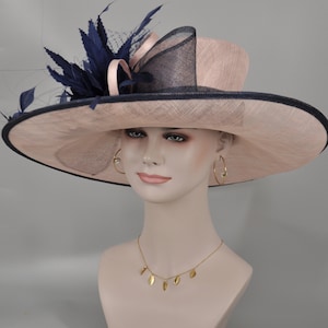Pu&ograve; includere: Un cappello a tesa larga con un design rosa e blu navy. Il cappello ha una tesa larga e morbida e una fascia blu navy intorno alla corona. Il cappello &egrave; decorato con una piuma blu navy e un nastro rosa.