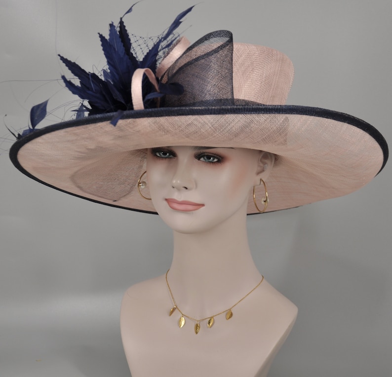 Pu&ograve; includere: Un cappello a tesa larga con un design rosa e blu navy. Il cappello ha una tesa larga e morbida e una fascia blu navy intorno alla corona. Il cappello &egrave; decorato con una piuma blu navy e un nastro rosa.
