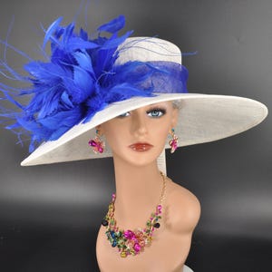 White  Royal Blue Feathers Wide Brim Kentucky Derby Hat, Ascot Royal Hat, Tea Garden Wedding Party Hat, Mother of the Bride Hat, Church Hat