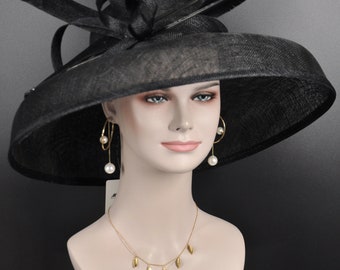 Audrey Hepburn Style Dome Hat Kentucky Derby Hat Tea Party Carriage Party 3 Layers Wide Brim Sinamay Hat Black