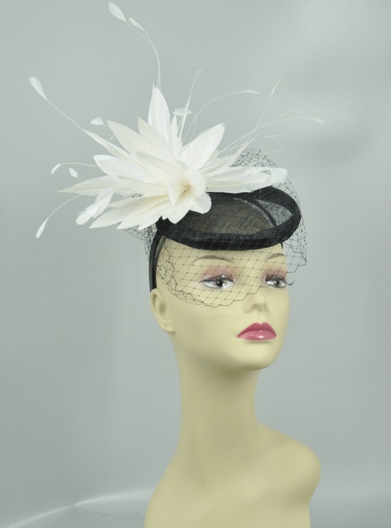 Sinamay Fascinator Hat: Black & White Feather Flower, Derby 