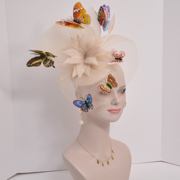 Kentucky Derby Hat Wedding Feather w Butterflies  Floral Organza w Sinamay Headband Fascinator Hat Cocktail Champagne