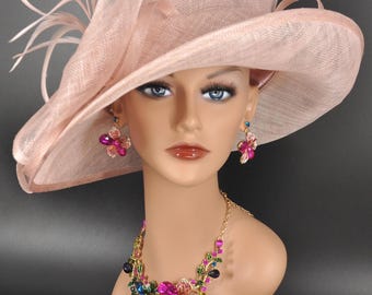 Wide Brim Kentucky Derby Floppy Sinamay Hat With Flowers  Millinery Church Hat dusty /Blush pink