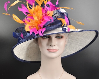 White w Navy Blue Orange Fuchsia Wide Brim Sinamay Hat Church Kentucky Derby Hat Tea Party Wedding Hat Horse Race Oaks day hat Pink Day Hat