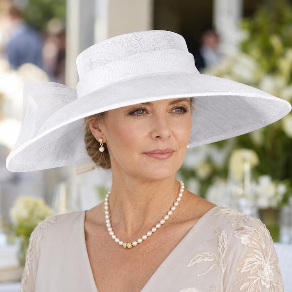 White  Wide Brim Sinamay Hat with Convertible Bow, Kentucky Derby Ascot Royal Wedding Church Garden Party Mother of the Bride Hat
