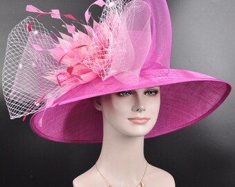 Wide Brim Sinamay Hat,Pink Day Hat,  Kentucky Derby Hat, Church hat, Tea Party Hat, Fashion Hat  Fuchsia Hot Pink  Pale Pink Feather Flower