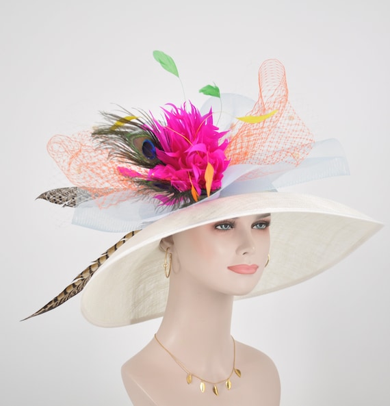 Off White Ivory Peacock Feathers Wide Brim Kentucky Derby  display picture 1
