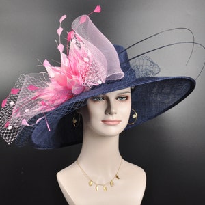 Wide Brim Sinamay Hat Church Kentucky Derby Hat Carriage Tea Party Wedding Hat Royal Ascot Horse Race Oaks day hat Navy Blue W Pink Flower