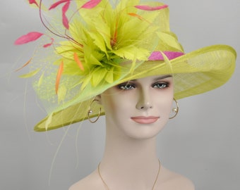 Church Kentucky Derby Hat Carriage Tea Party Wedding  Feather Flowers Ostrich Quills  Lime Green w  Orange and Hot Pink
